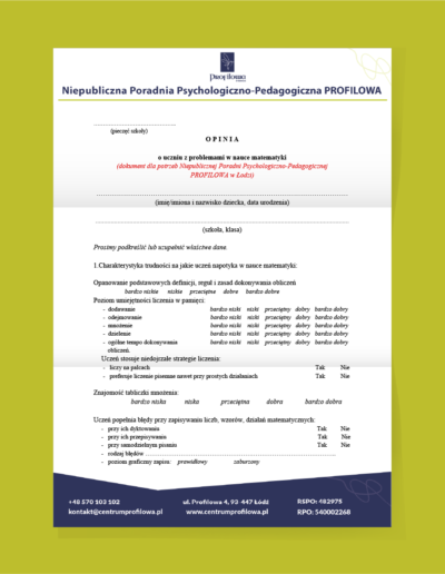 Opinia o Uczniu z Problemami w Nauce Matematyki